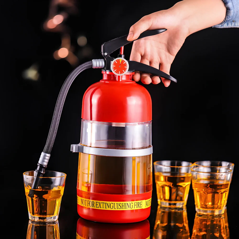 Red 2L fire extinguisher-shaped acrylic wine dispenser, 34cm tall with hand-press pump and 20cm hose for party pouring