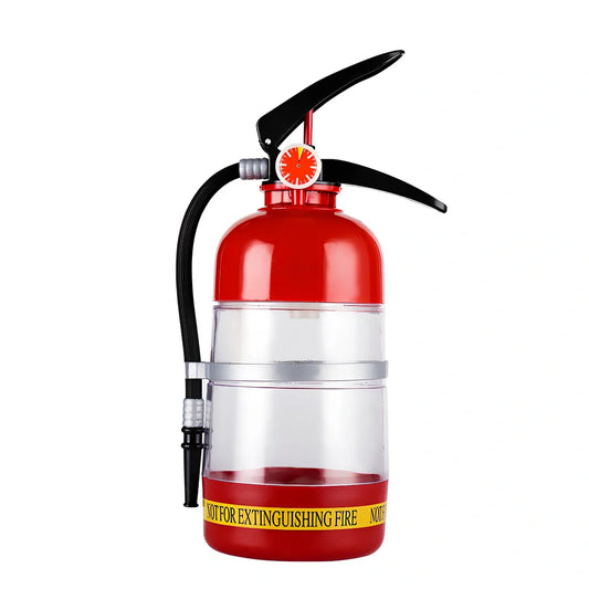 Red 2L fire extinguisher-shaped acrylic wine dispenser, 34cm tall with hand-press pump and 20cm hose for party pouring