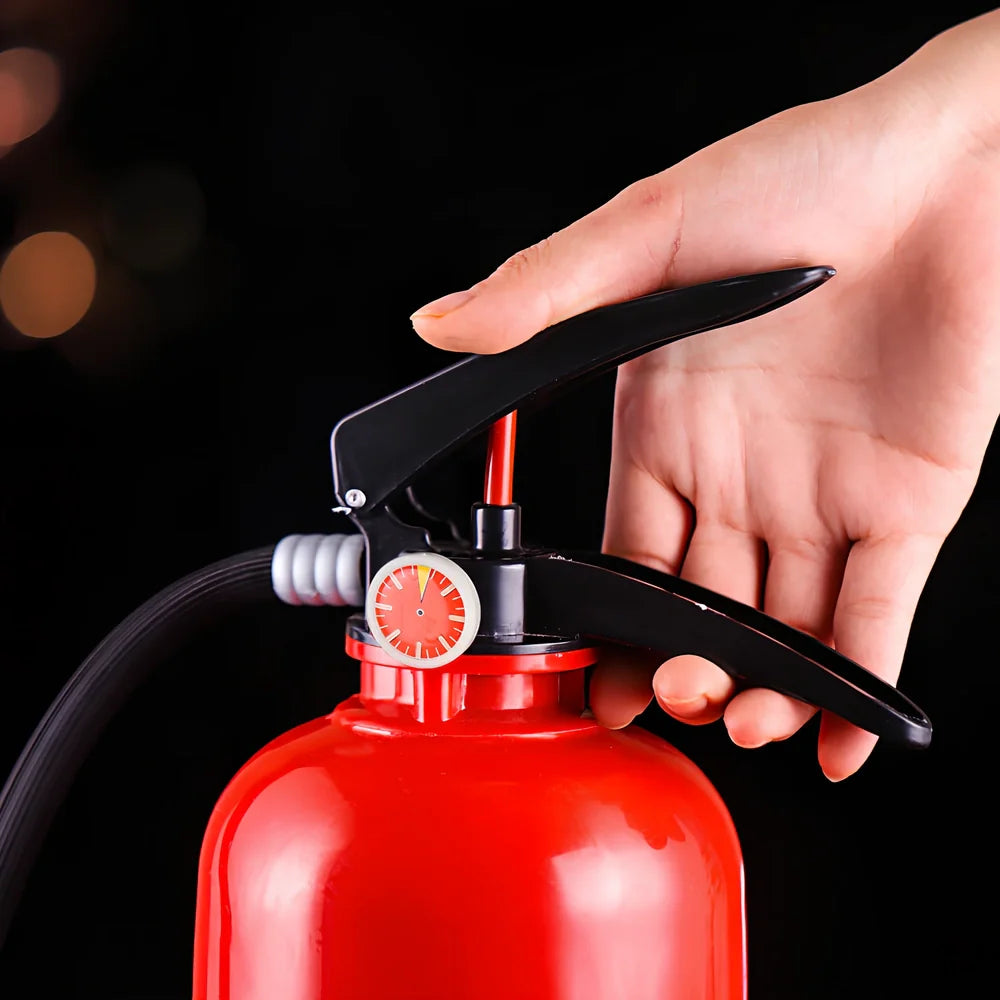Red 2L fire extinguisher-shaped acrylic wine dispenser, 34cm tall with hand-press pump and 20cm hose for party pouring