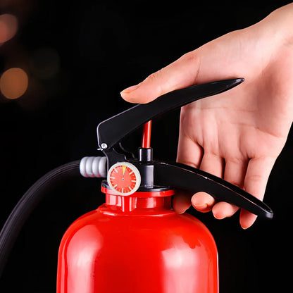 Red 2L fire extinguisher-shaped acrylic wine dispenser, 34cm tall with hand-press pump and 20cm hose for party pouring