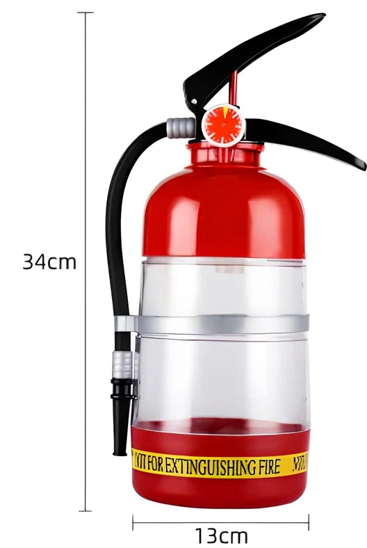 Red 2L fire extinguisher-shaped acrylic wine dispenser, 34cm tall with hand-press pump and 20cm hose for party pouring