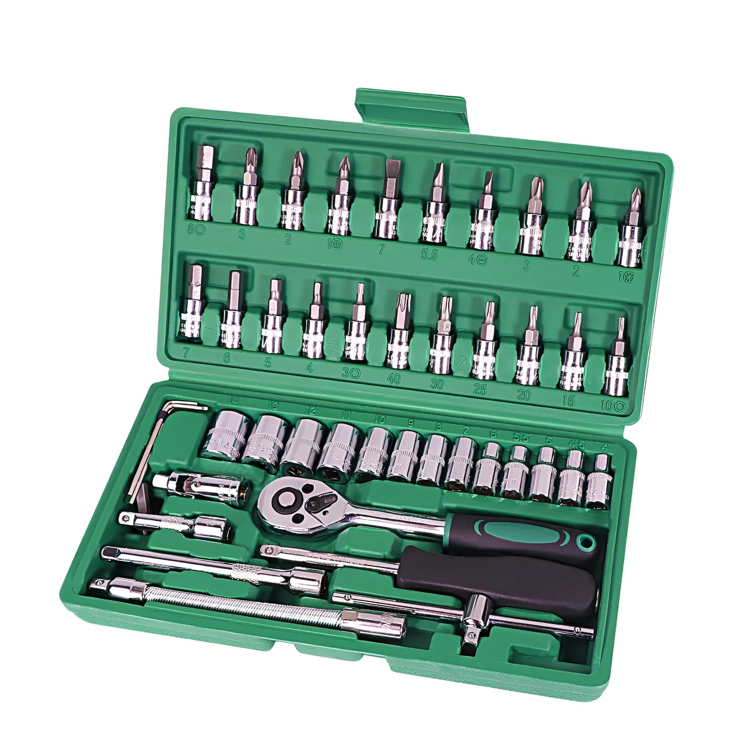 Green 46-piece metric socket set with alloy steel ratchet and 20-200Nm torque wrench in 24x13x4cm plastic box for auto repair