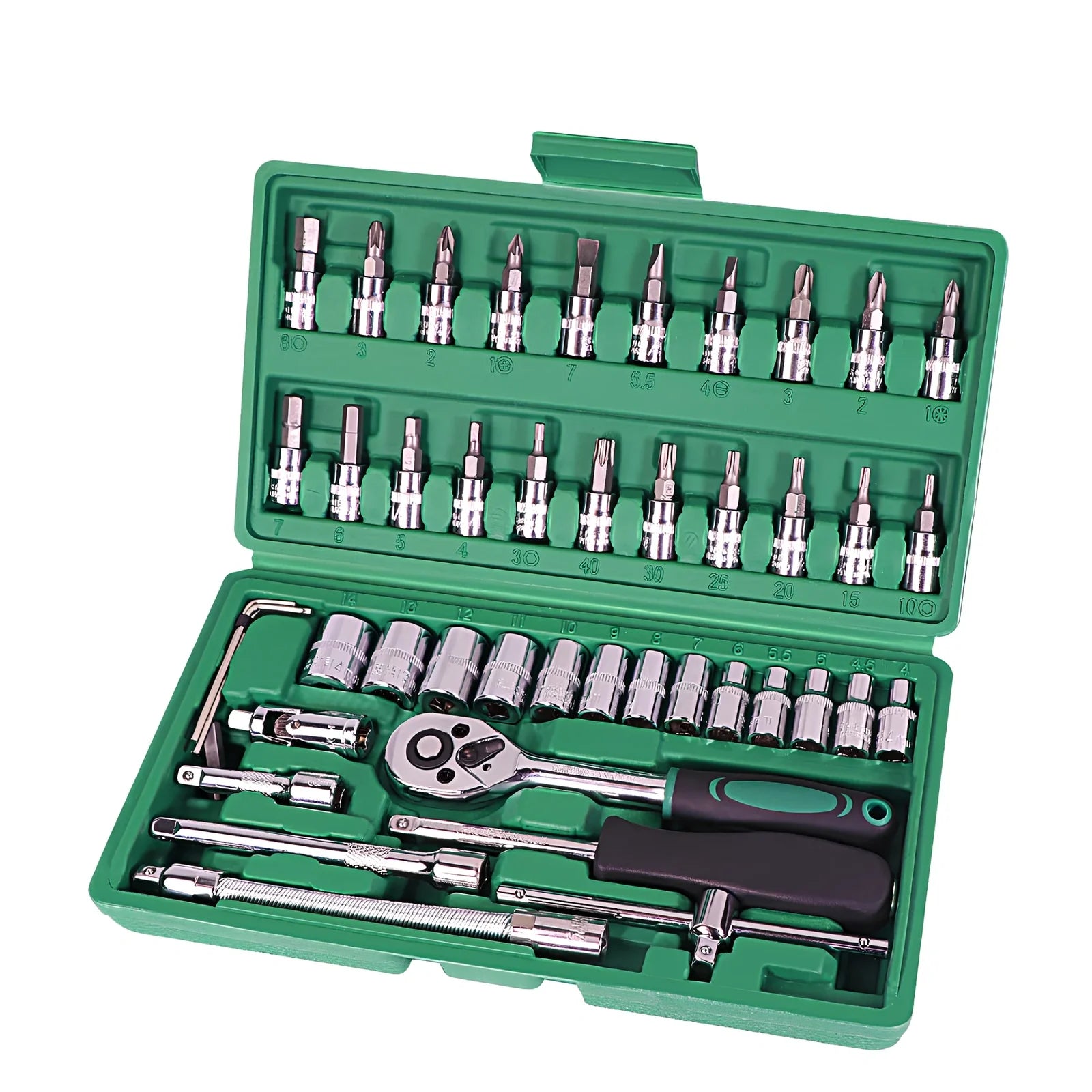 Green 46-piece metric socket set with alloy steel ratchet and 20-200Nm torque wrench in 24x13x4cm plastic box for auto repair