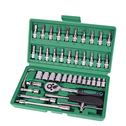 Green 46-piece metric socket set with alloy steel ratchet and 20-200Nm torque wrench in 24x13x4cm plastic box for auto repair