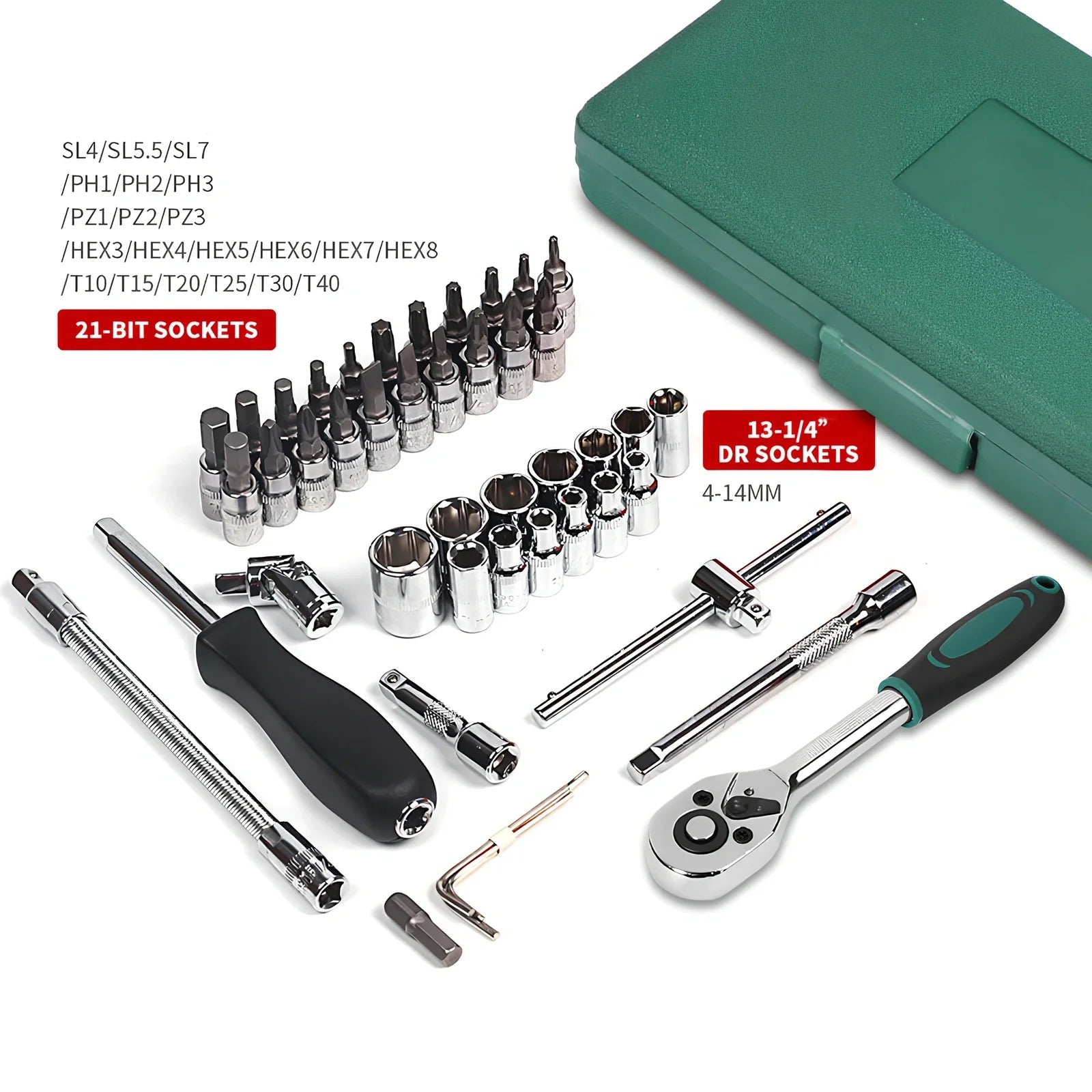 Green 46-piece metric socket set with alloy steel ratchet and 20-200Nm torque wrench in 24x13x4cm plastic box for auto repair