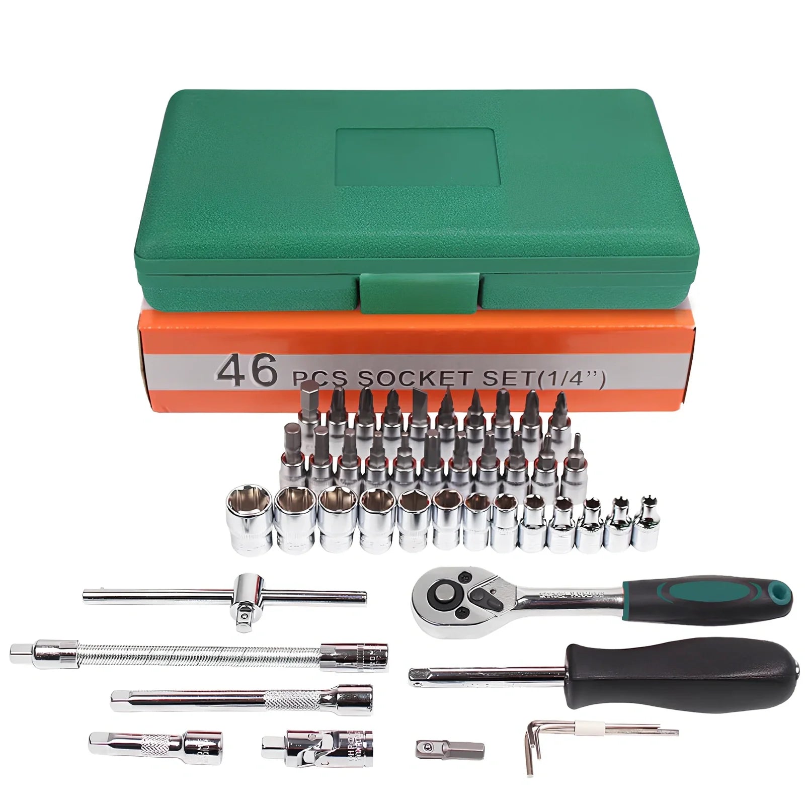 Green 46-piece metric socket set with alloy steel ratchet and 20-200Nm torque wrench in 24x13x4cm plastic box for auto repair