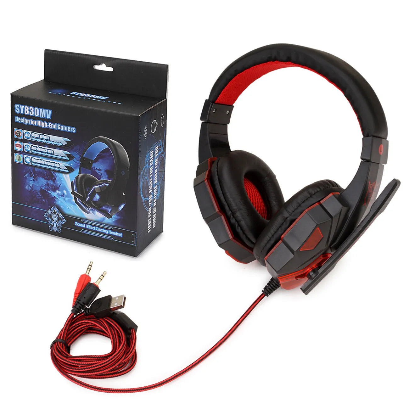 Computer PS4 gaming headset with LED lighting and braided cable in black and red colour option