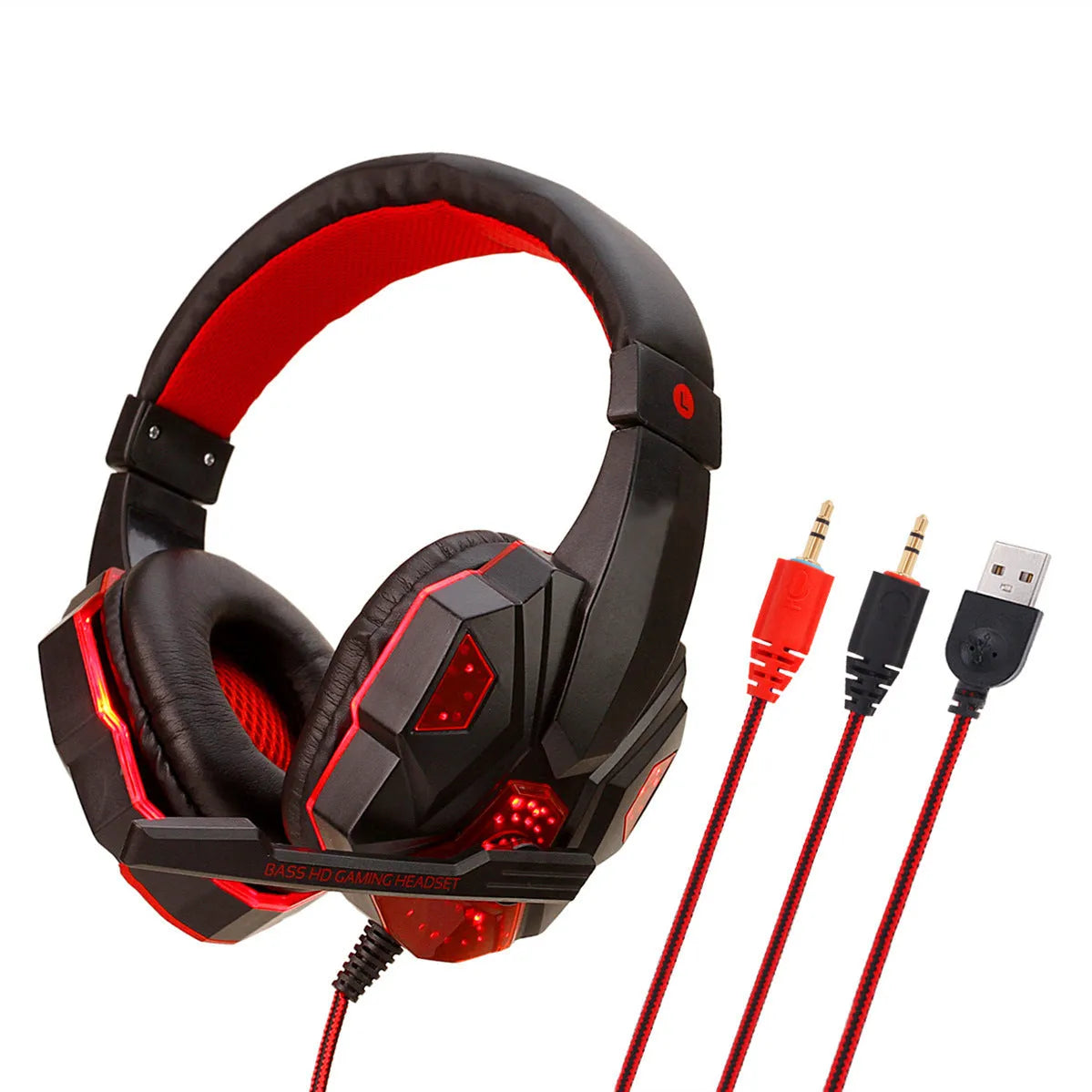 Computer PS4 gaming headset with LED lighting and braided cable in black and red colour option