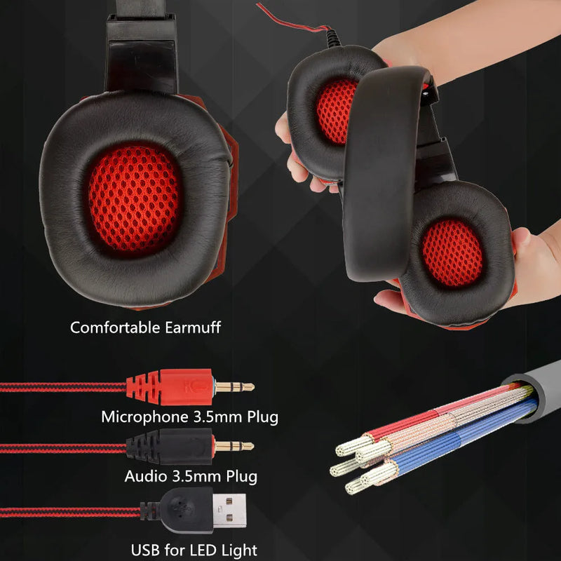 Computer PS4 gaming light-up wired headset with braided cable, 3.5mm plug, memory foam leather ear cushions, LED lighting effects for PC gaming setup, available in black red, black blue and white blue colour options
