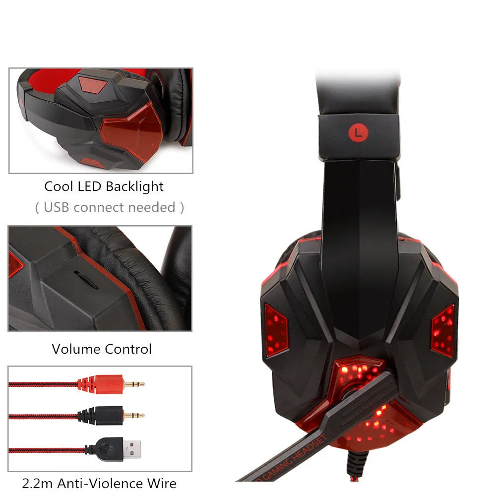 Computer PS4 gaming headset with LED lighting and braided cable in black and red colour option