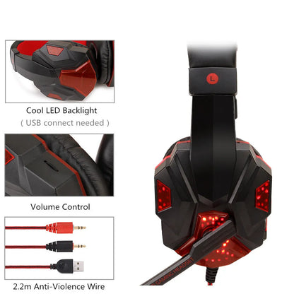 Computer PS4 gaming headset with LED lighting and braided cable in black and red colour option