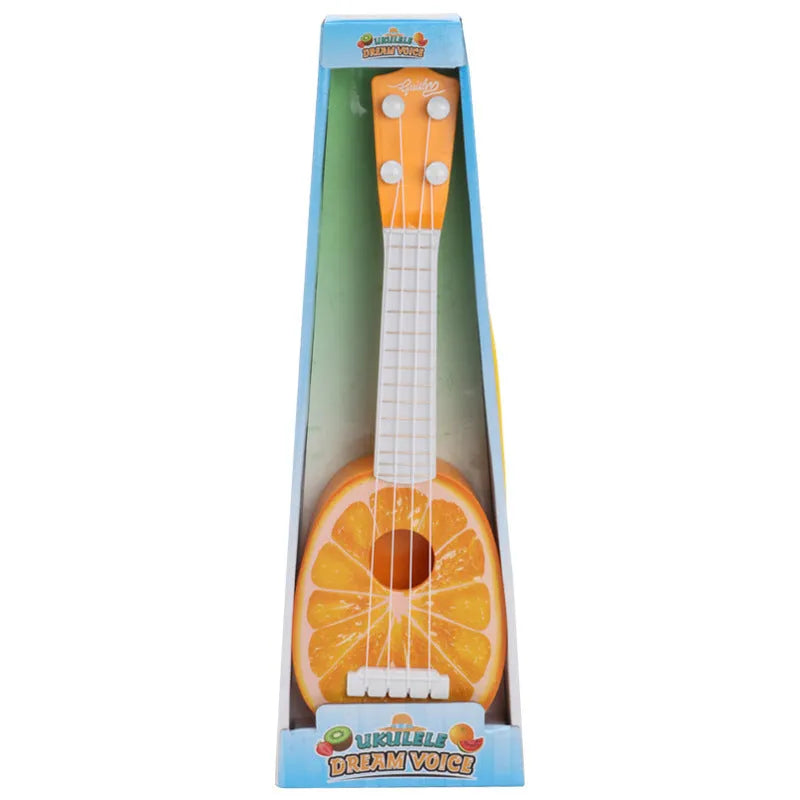 38cm long colourful plastic simulation ukulele toy for children in a presentation box.
