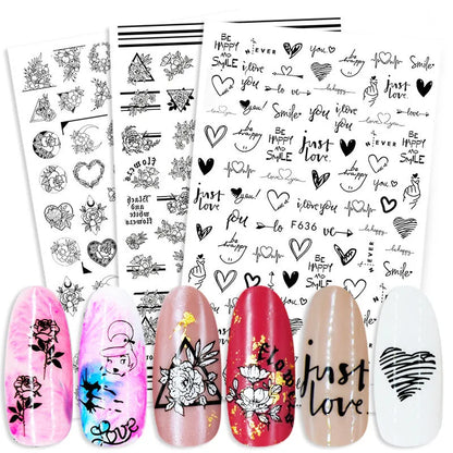 Summer flowers and love adhesive nail art stickers on a 5g sheet, available in seven colour sets for nail decoration