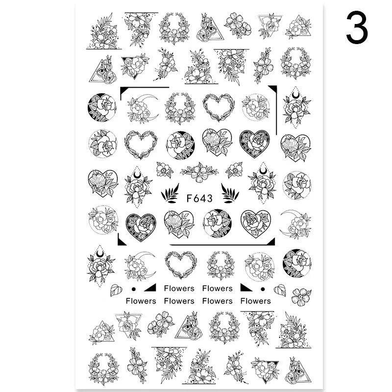 Summer flowers and love adhesive nail art stickers on a 5g sheet, available in seven colour sets for nail decoration