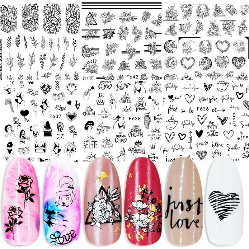 Summer flowers and love adhesive nail art stickers on a 5g sheet, available in seven colour sets for nail decoration