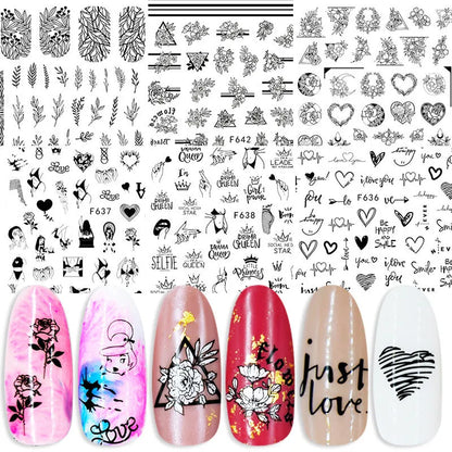 Summer flowers and love adhesive nail art stickers on a 5g sheet, available in seven colour sets for nail decoration