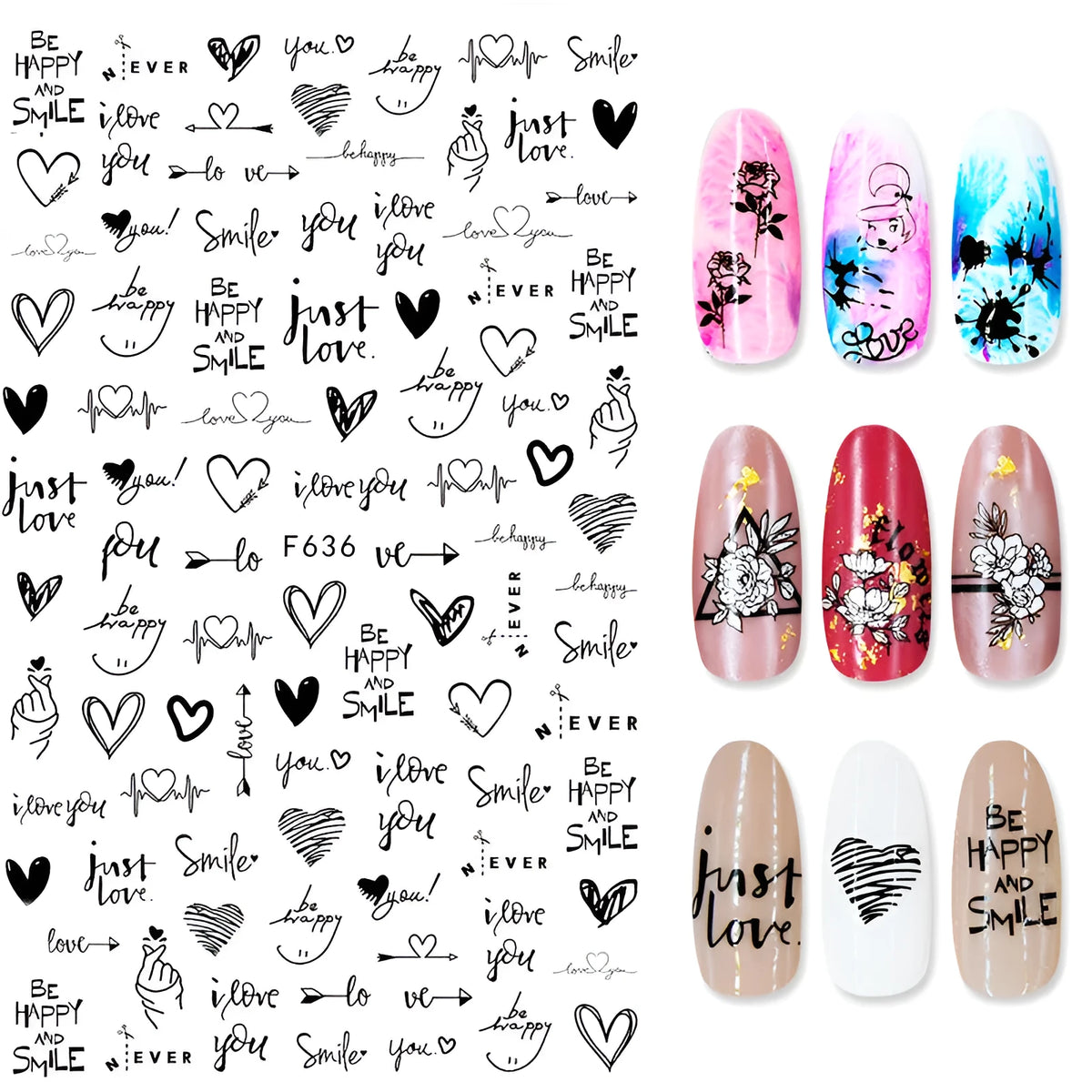 Summer flowers and love adhesive nail art stickers on a 5g sheet, available in seven colour sets for nail decoration