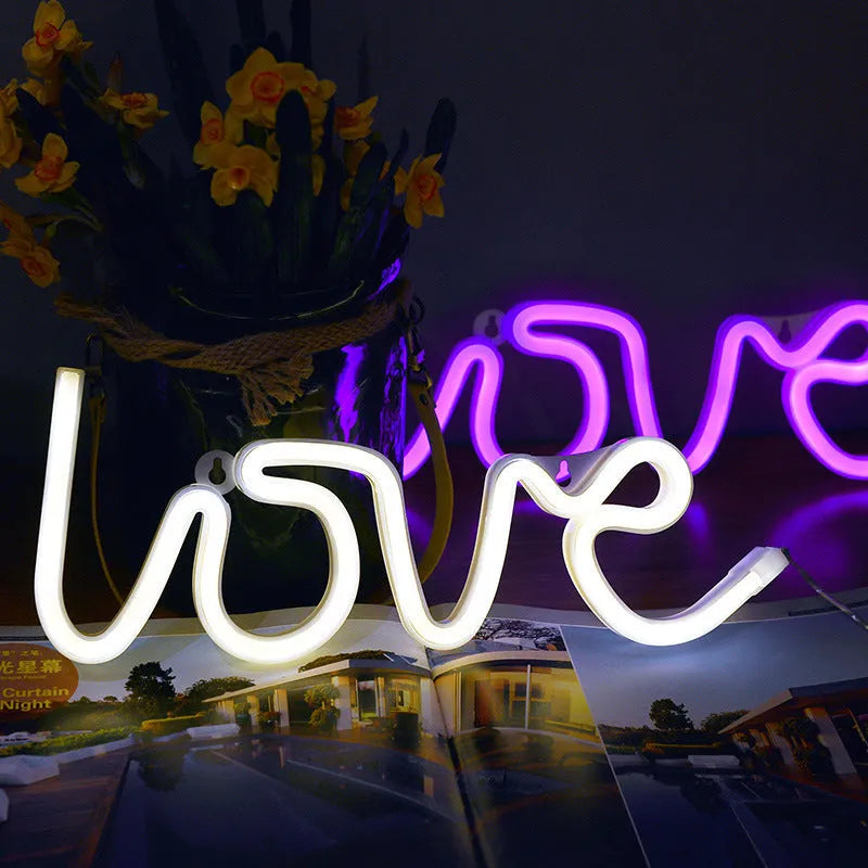 LED neon sign light with love design in pink colour for indoor holiday and wedding decorations