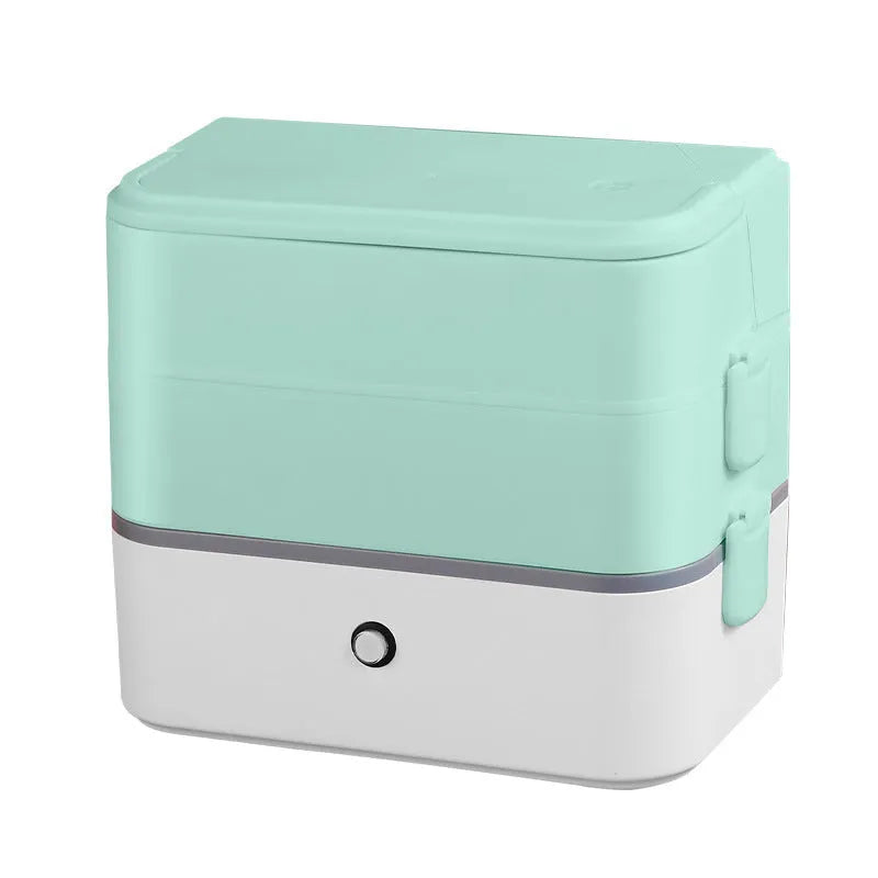 Double-layer portable heated lunch box with stainless steel liner in choice of colours