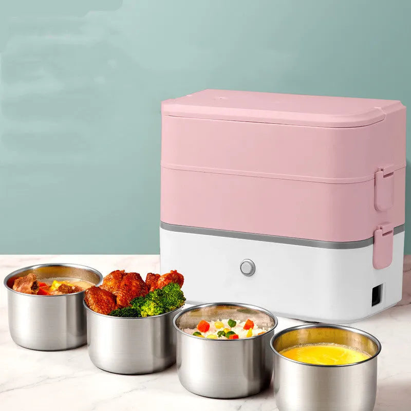 Double-layer portable heated lunch box with stainless steel liner in choice of colours