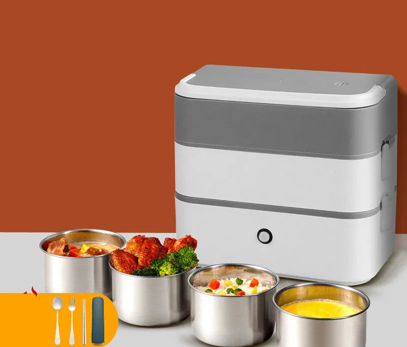 Double-layer portable heated lunch box with stainless steel liner in choice of colours