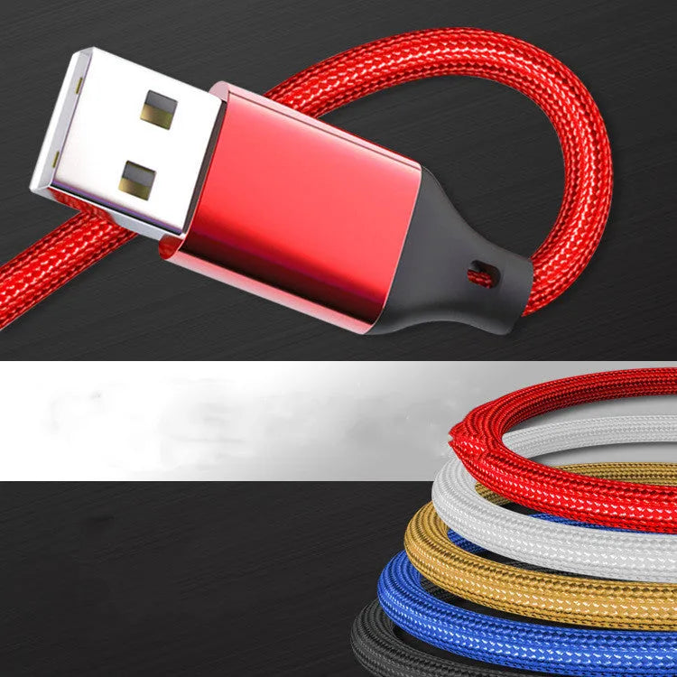 Red 3-in-1 nylon braided charging cable with three connector types on a 1.2m cord