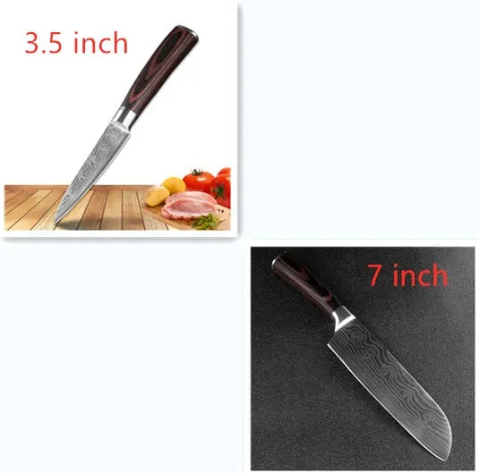 Professional chef knife with laser-etched Damascus pattern on 7Cr17 steel blade and coloured wood handle.