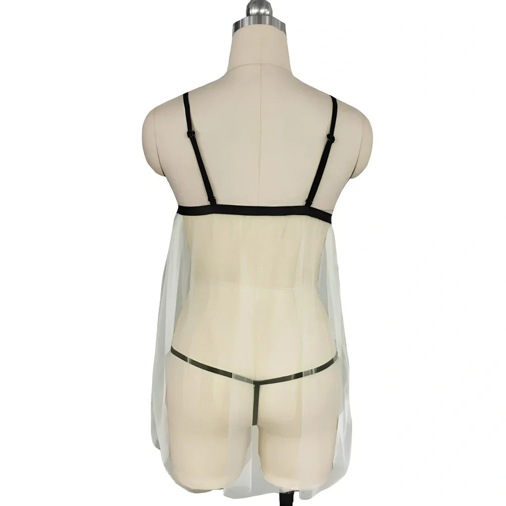 Beige mesh suspender skirt with embroidery and matching thong in plus sizes 3XL-5XL