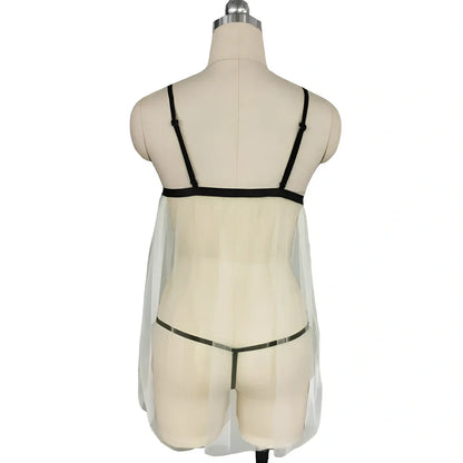 Beige mesh suspender skirt with embroidery and matching thong in plus sizes 3XL-5XL