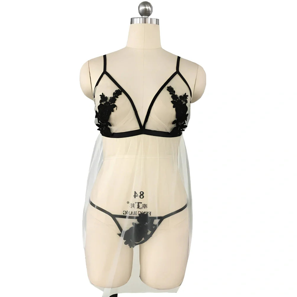 Beige mesh suspender skirt with embroidery and matching thong in plus sizes 3XL-5XL