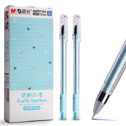 Cute cartoon syringe pen with plastic shell in black, blue, and pink colours