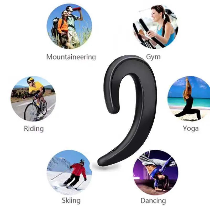 Apple-compatible Bluetooth earphones with ear-hook design and active noise cancellation, featuring 15mm drivers for wireless audio during exercise and phone calls