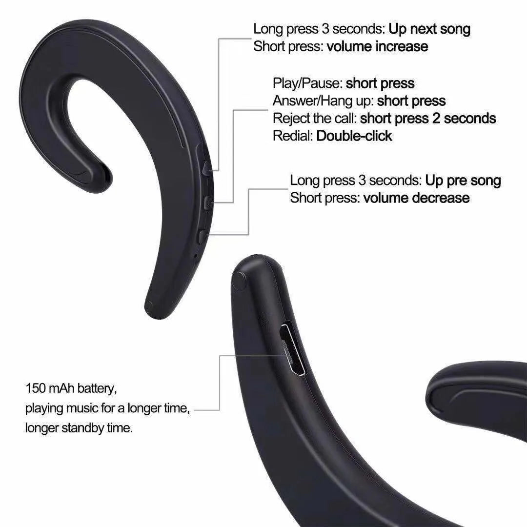 Black Bluetooth earphones with ear-hook design for wireless audio during exercise
