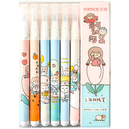 Six-colour double-headed highlighter set with 0.5mm pen heads, plastic pull-cap marker pens, 6.6g each
