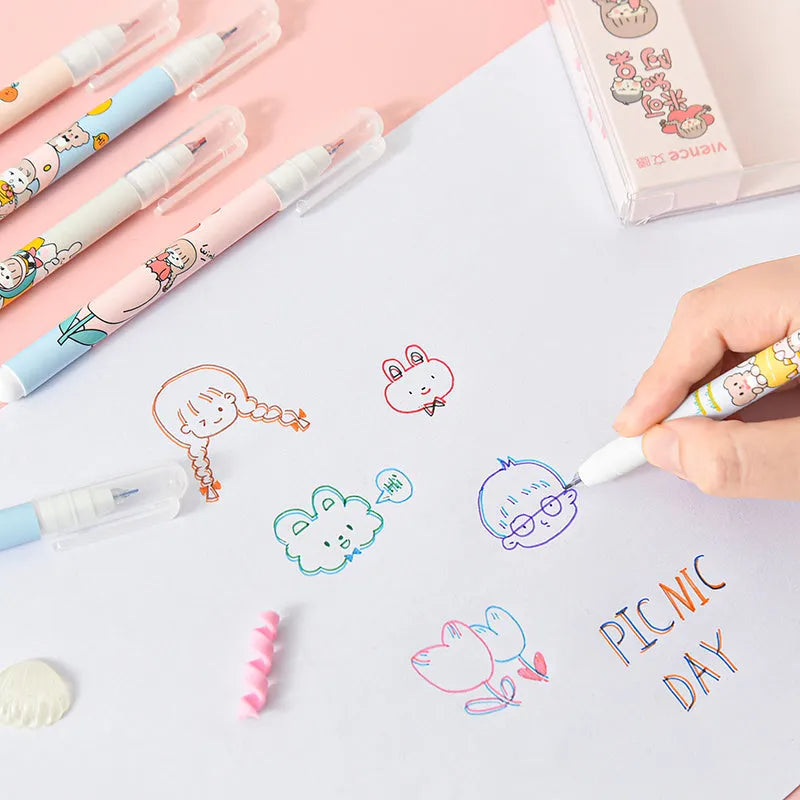 Six-colour double-headed highlighter set with 0.5mm pen heads, plastic pull-cap marker pens, 6.6g each