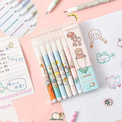 Six-colour double-headed highlighter set with 0.5mm pen heads, plastic pull-cap marker pens, 6.6g each