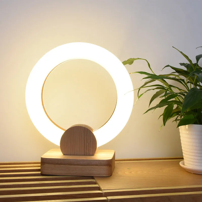 Wooden circular chandelier with white acrylic shade, shown in two diameter sizes for ceiling mounting.