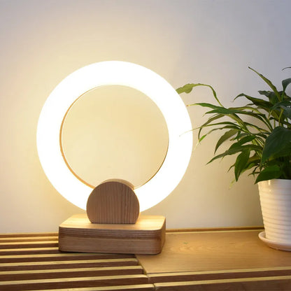 Wooden circular chandelier with white acrylic shade, shown in two diameter sizes for ceiling mounting.