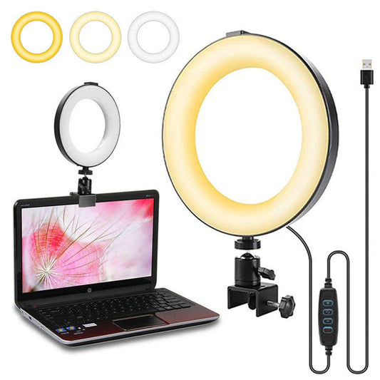 Compact clip-on studio lighting for video conferencing with circular design and adjustable swivel