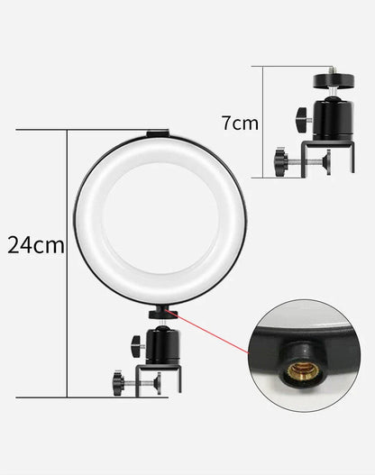 Compact clip-on studio lighting for video conferencing with circular design and adjustable swivel