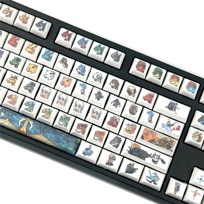 Xda Little Monster cartoon character sublimation printed keycaps on a wireless mechanical keyboard.