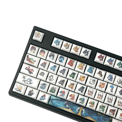 Xda Little Monster cartoon character sublimation printed keycaps on a wireless mechanical keyboard.