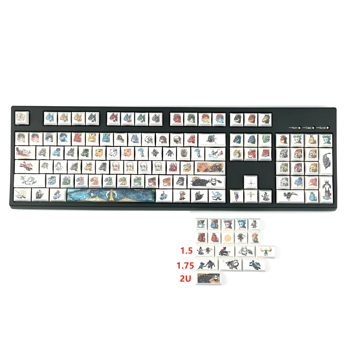 Xda Little Monster cartoon character sublimation printed keycaps on a wireless mechanical keyboard.
