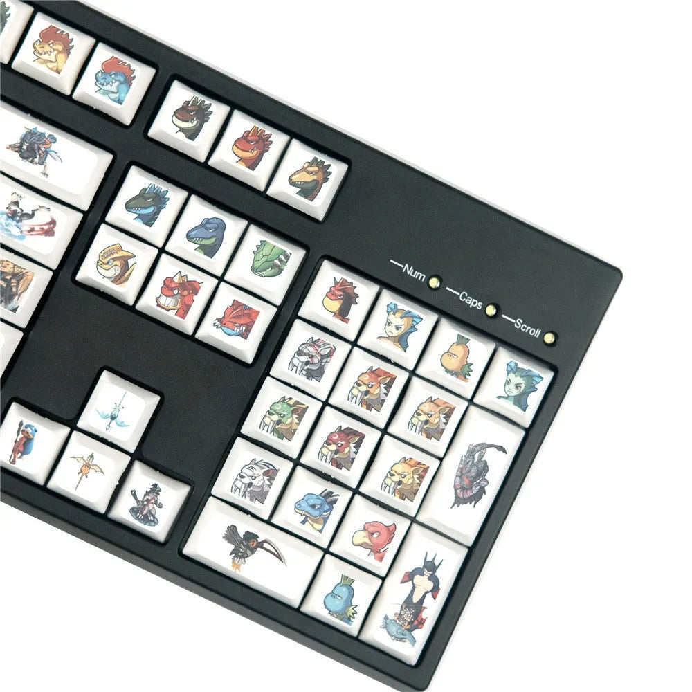 Xda Little Monster cartoon character sublimation printed keycaps on a wireless mechanical keyboard.