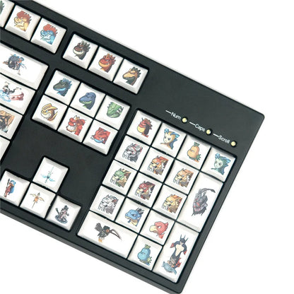 Xda Little Monster cartoon character sublimation printed keycaps on a wireless mechanical keyboard.