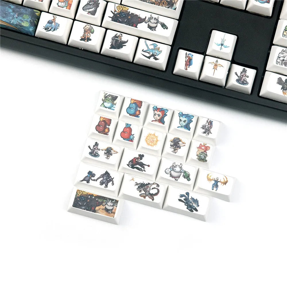 Xda Little Monster cartoon character sublimation printed keycaps on a wireless mechanical keyboard.
