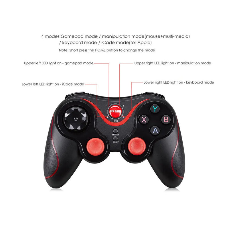 Wireless Bluetooth Gamepad for mobile gaming, compatible with Android and iOS devices, featuring a black ABS plastic body measuring 17x11x6.5cm and supporting direct Bluetooth connection for convenient gameplay.