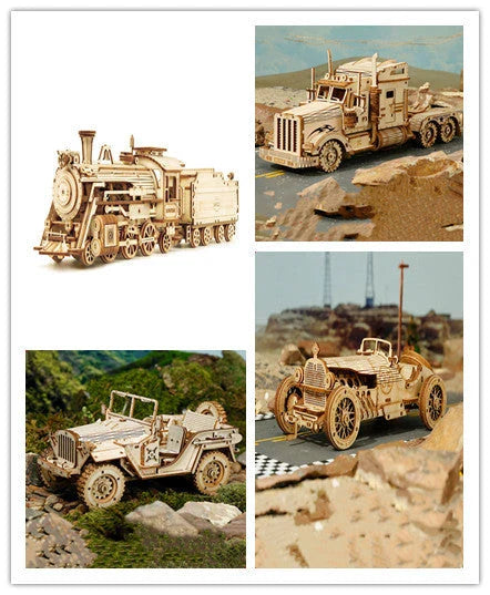 Premium model wooden train kit with 308 precision-cut wooden pieces for a rewarding DIY assembly project