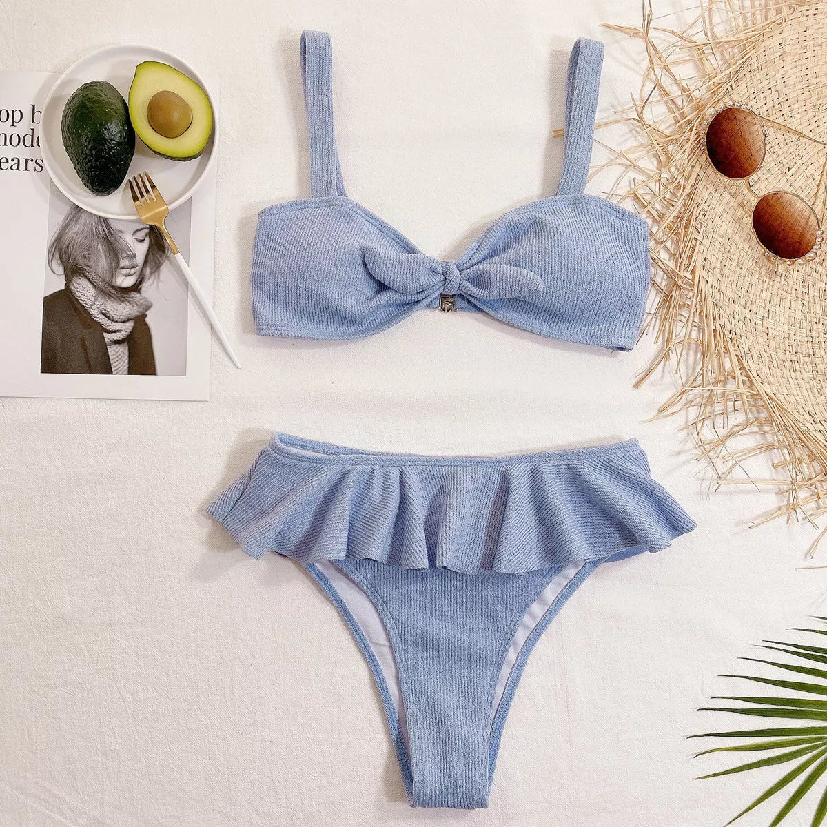 Ladies blue ruffle knitted fabric bikini with nylon blend for swimming
