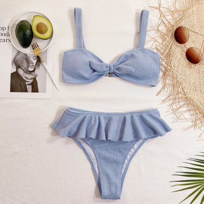 Ladies blue ruffle knitted fabric bikini with nylon blend for swimming